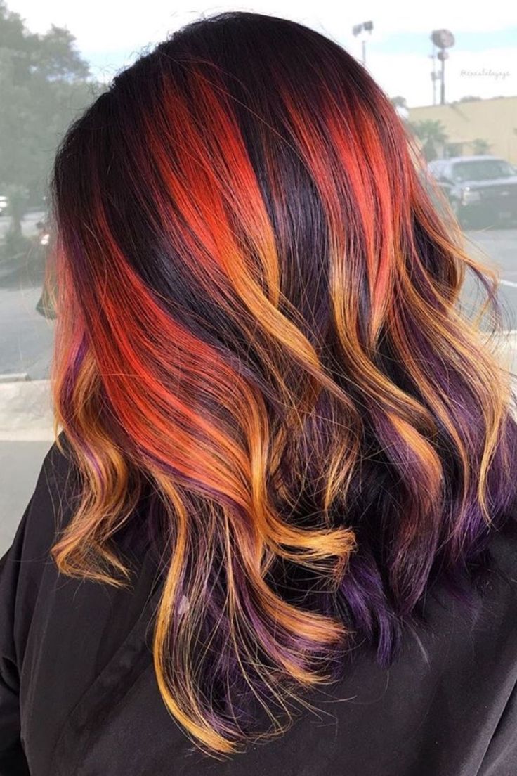 Top 15 Skunk Streak Hair Ideas For Women To Try In 2024 Dark Sunset Hair, Coloured Streaks In Hair, Red Multicolor Hair, Vivid Highlights Brown Hair, Brown Hair With Orange Highlights, Skunk Streak Hair, Fire Ombre Hair, Streak Hair, Hair Ideas For Women