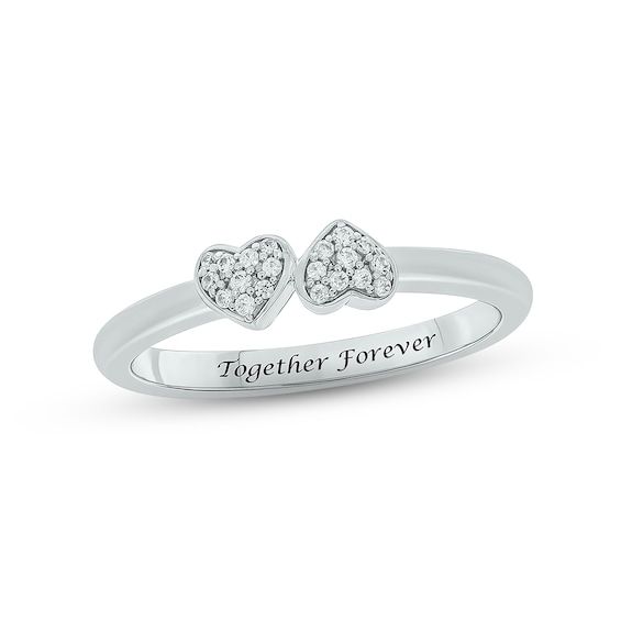 This sweet and stylish promise ring is perfect for symbolizing your commitment. Two hearts facing opposite directions sparkle with dainty round diamonds at the center. The sterling silver band can be engraved with a message of your choosing – up to 16 letters in length – for a personal touch. The ring has a total diamond weight of 1/10 carat. Cute Promise Rings, Unique Promise Rings, Heart Promise Rings, Heart Face, Kay Jewelers, Promise Rings For Her, Silver Prices, Double Heart, Two Hearts