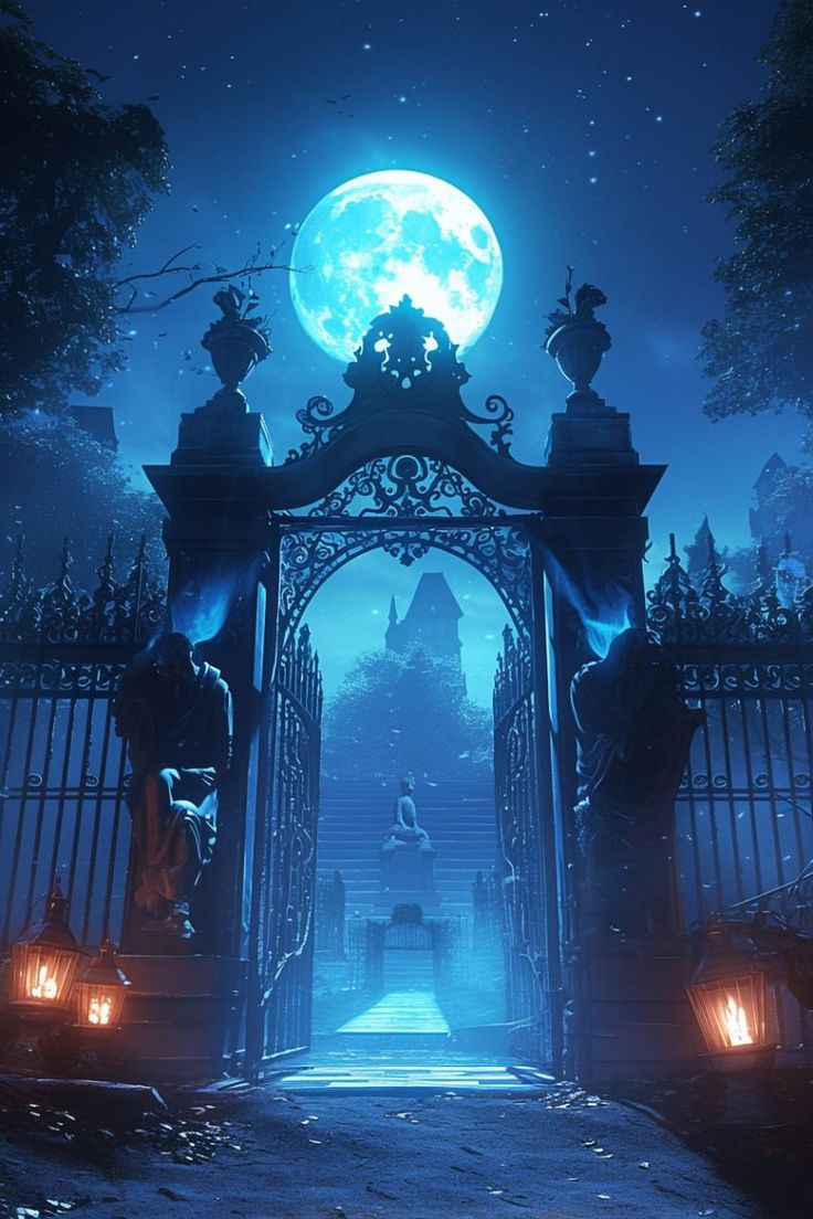 the entrance to an old mansion at night with full moon in the sky above it