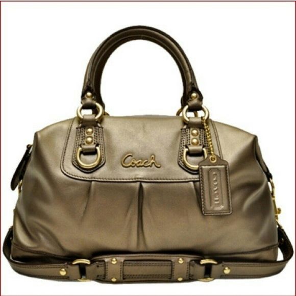 Auth Coach Ashley Gold bronze leather satchel Nwot Gorgeous buttery soft leather. No damages or defect of any kind. Never used. With long strap Coach Bags Satchels Classic Gold Satchel With Branded Hardware, Gold Leather Satchel With Handles, Designer Gold Leather Satchel, Classic Gold Textured Leather Satchel, Gold Textured Leather Satchel, Coach Gold Leather Shoulder Bag, Gold Textured Leather Travel Satchel, Coach Gold Satchel With Detachable Strap, Coach Gold Satchel With Gold-tone Hardware