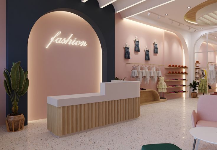 the interior of a clothing store with pink and blue walls, white floors and neon lights