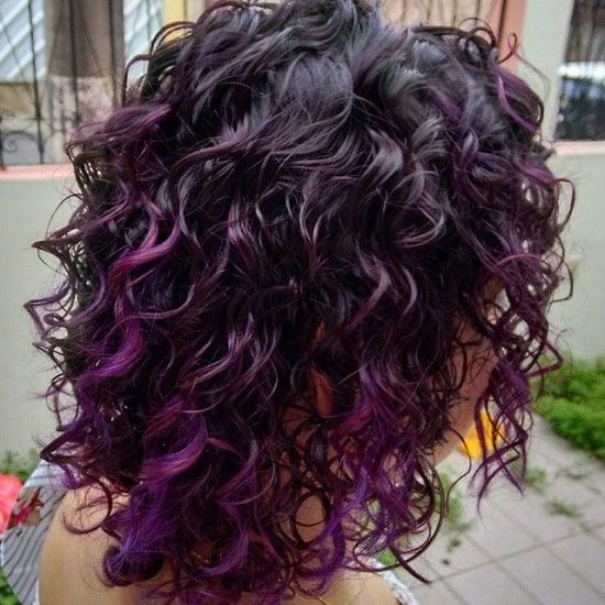 30 Crazy Curly Hair Colors for Confident Women – HairstyleCamp Curly Purple Hair, Pelo Color Borgoña, Crazy Curly Hair, Purple Hair Highlights, Ombre Curly Hair, Curly Color, Dark Purple Hair, Dyed Curly Hair, Highlights Curly Hair