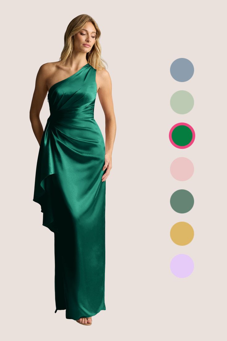 a woman in a green dress with different colors