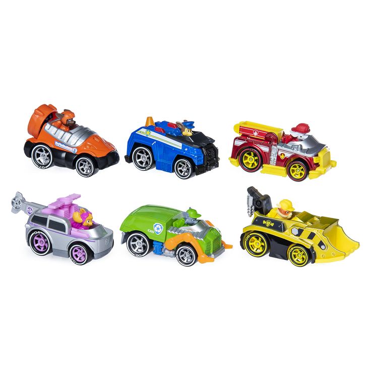 six toy cars are shown on a white background, each with different colors and shapes