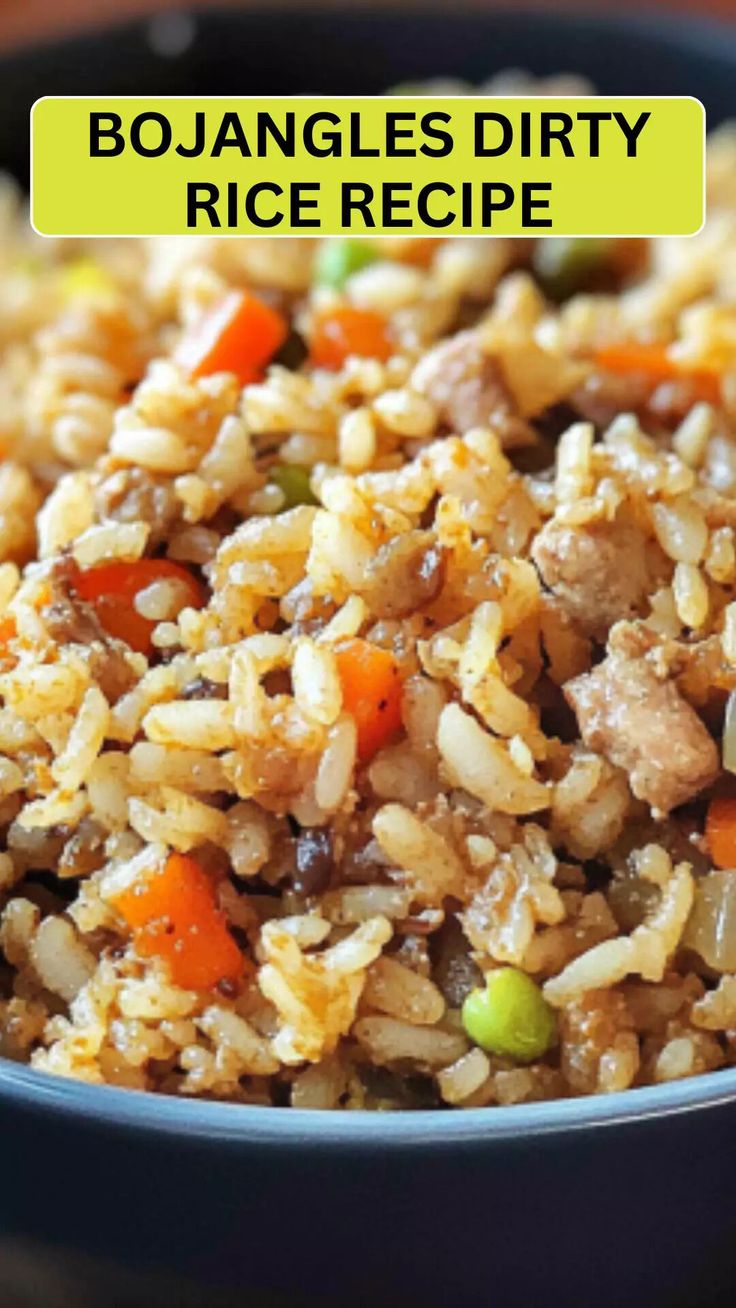 a bowl filled with rice and vegetables on top of a wooden table next to the words boangles dirty rice recipe