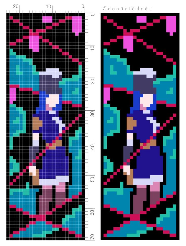 two cross stitch patterns, one in blue and the other in black with an image of a woman