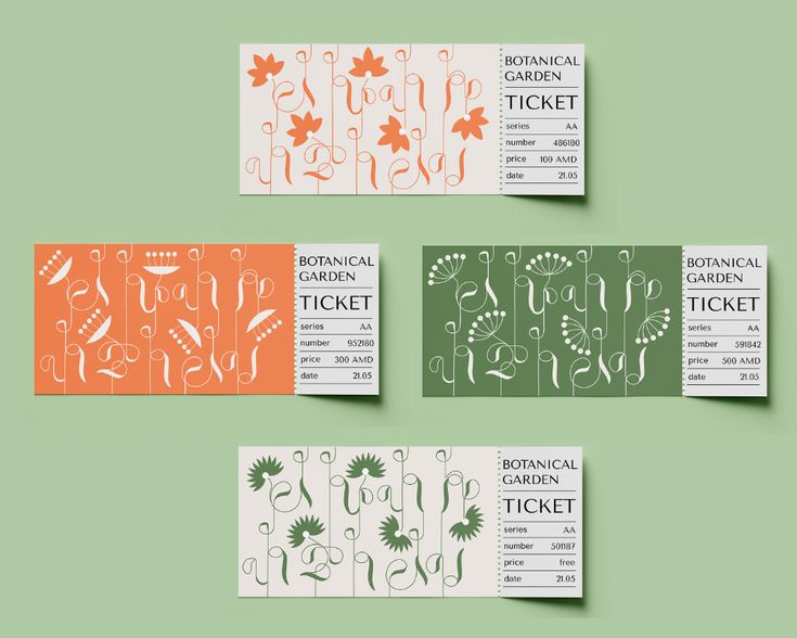 three tickets for the botanical garden are shown in four different colors and designs, each with an orange flower