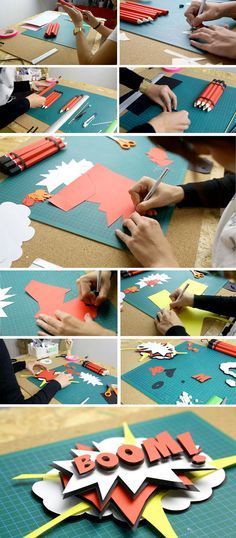 the process to make an origami pop art project is shown in several different ways