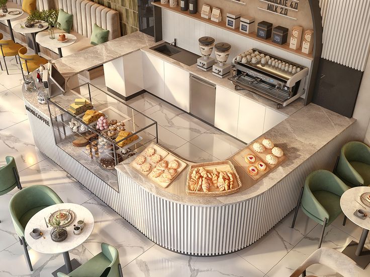 an aerial view of a restaurant with many food items on the counter and chairs around it