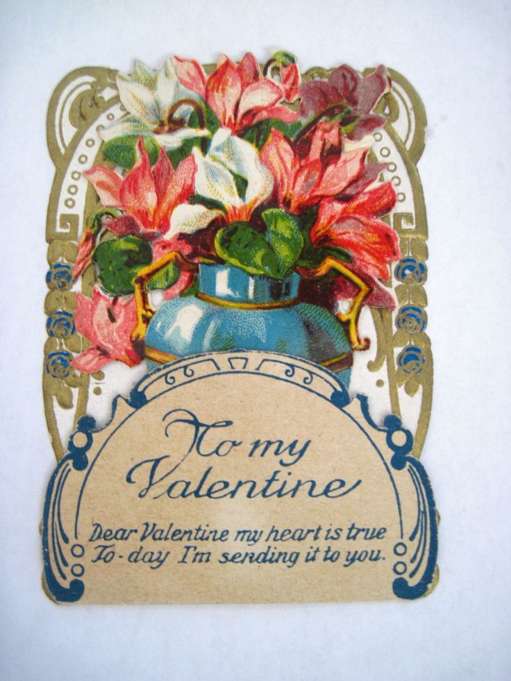 an old fashioned valentine's day card with flowers in a blue vase on it