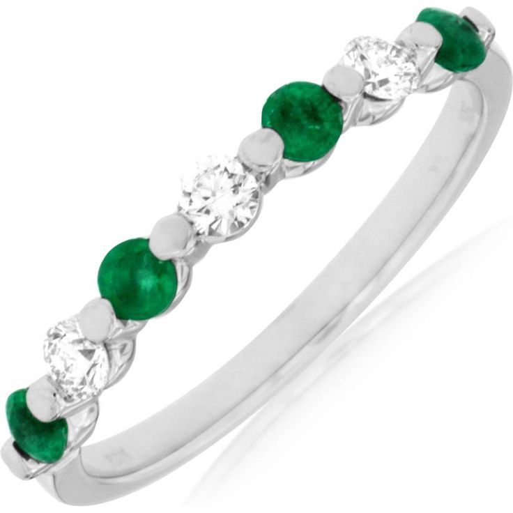 Royal 14K White Gold Emerald & Diamond Ring - Exquisite Elegance Elegant Half Eternity Emerald Ring, Emerald Ring With Diamond Accents, Elegant Emerald Half Eternity Ring, Elegant Round Emerald Ring With Half Eternity Setting, Elegant Round Emerald Ring With Half Eternity Band, Formal Green Half Eternity Jewelry, Green Diamond Cluster Ring, Green Diamond Birthstone Ring, Timeless Green Diamond Round Ring