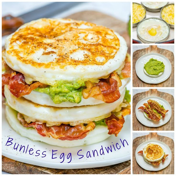 an egg sandwich with bacon, lettuce and tomato on it is shown in four different pictures