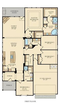 the first floor plan for a home with two master suites and an attached garage area