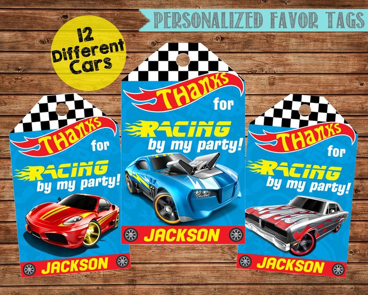 two hot wheels birthday party tags, one for racing cars and the other for my party