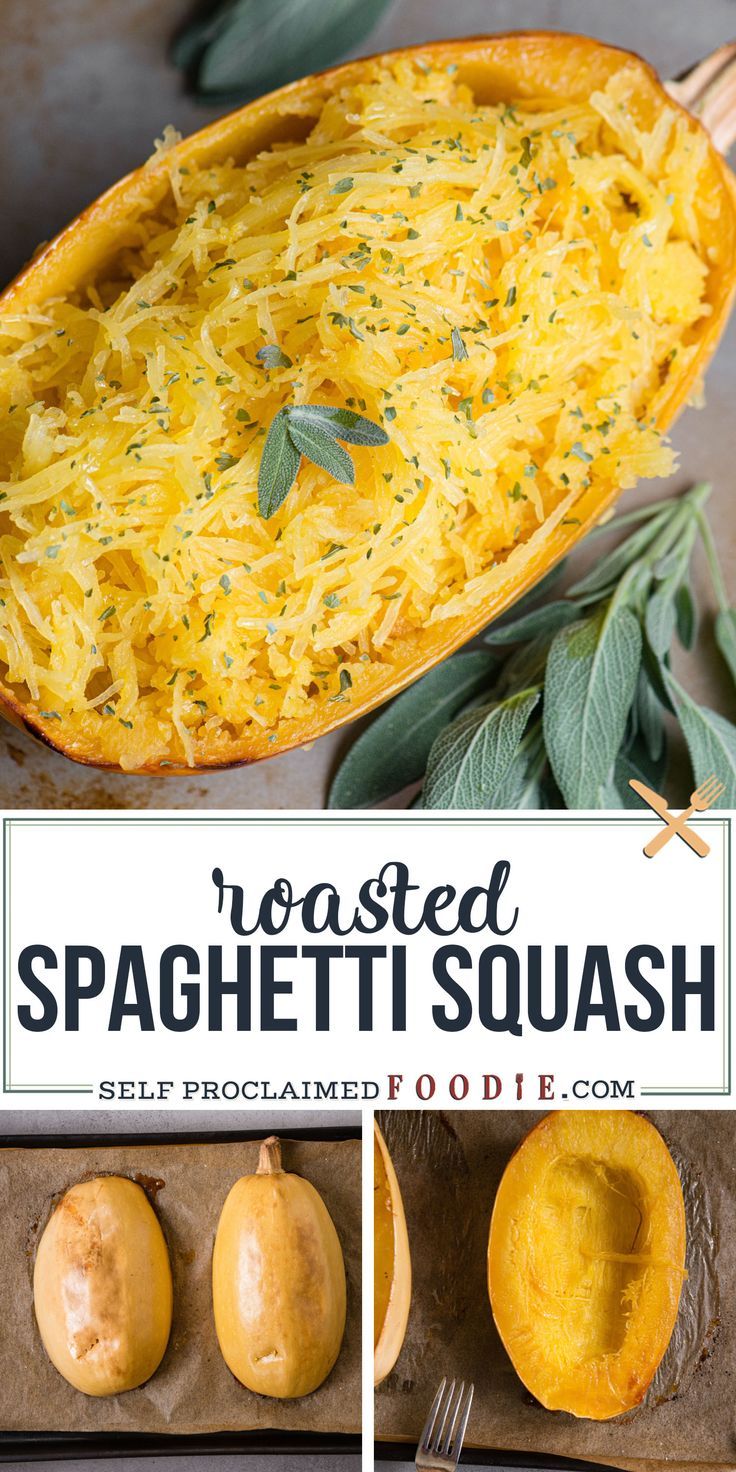 roasted spaghetti squash in a baking pan with sage leaves on the side and an image of baked spaghetti squash