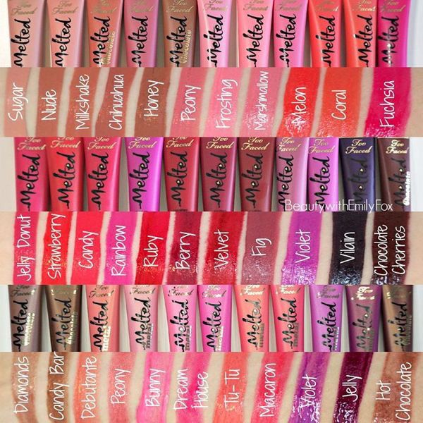 Too faced melted matte lipstick swatches // @kathrynglee123 Too Faced Liquid Lipstick, Melted Lipstick, Ideas For Makeup, Lipstick For Fair Skin, Too Faced Melted, Lipstick Art, Lip Swatches, Lipstick Swatches, Makeup Swatches