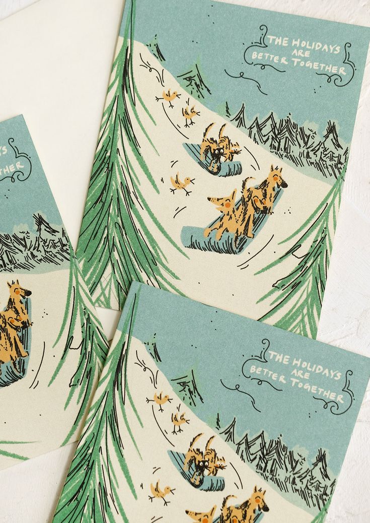 Greeting cards with illustration of dogs sledding down a hill, text reads The Holidays Are Better Together. Christmas Dogs Drawings, Vintage Xmas Cards, Handpainted Christmas Cards, Christmas Cards Illustration, Funny Christmas Card Ideas, Christmas Wish Card, Postcard Aesthetic, Winter Calendar, Illustrated Christmas Cards