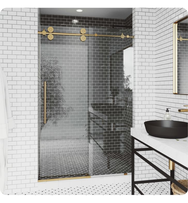 a white bathroom with black and gold accents on the shower door, sink and mirror