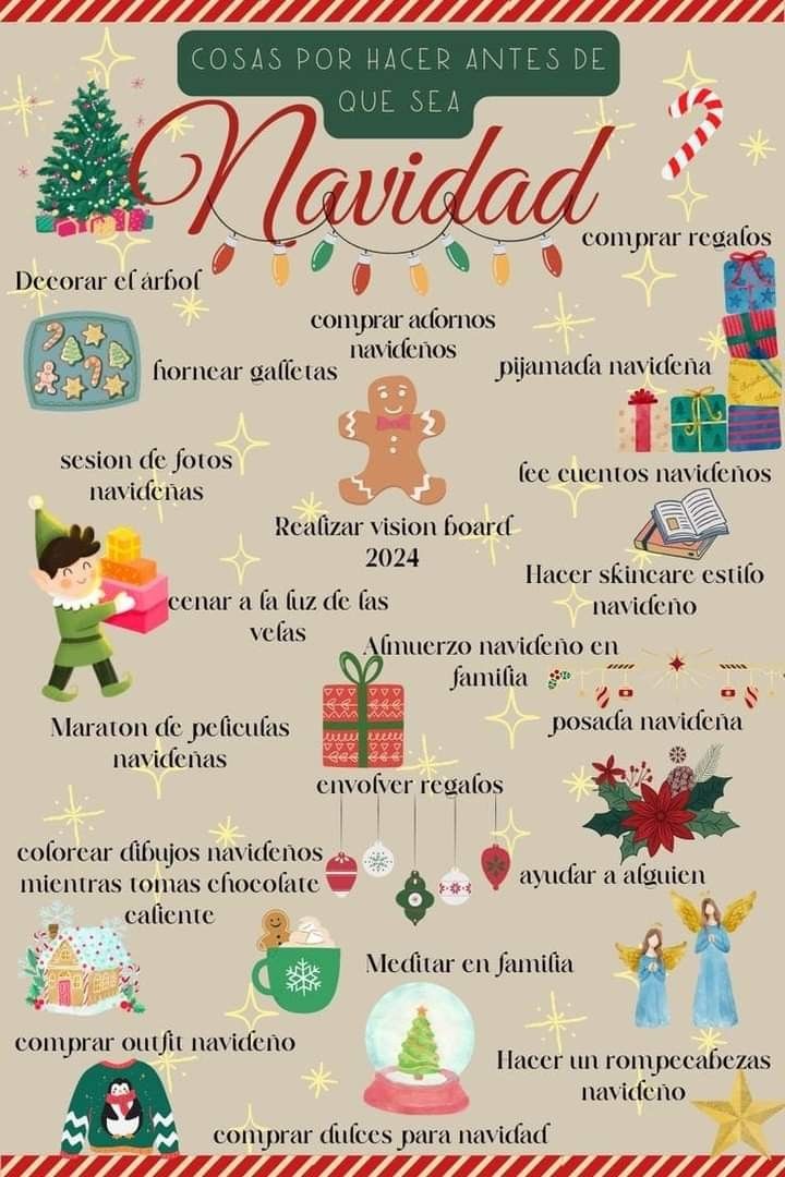 a poster with christmas decorations and words in spanish, english and spanish on the side