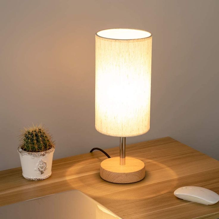 a table lamp sitting on top of a wooden desk next to a computer mouse and cactus