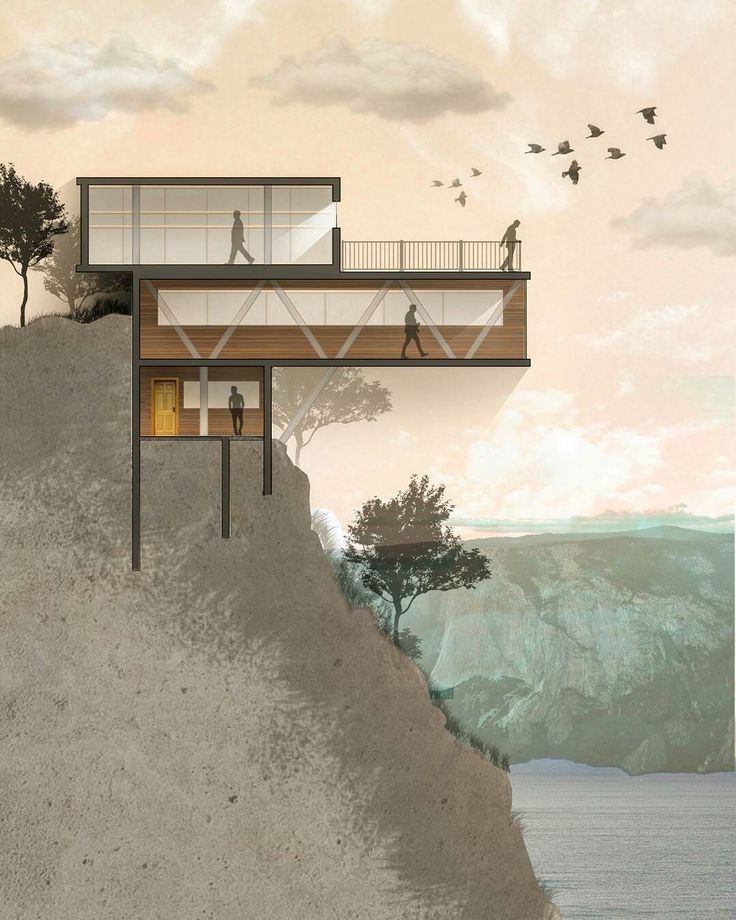 an artist's rendering of a house on top of a cliff