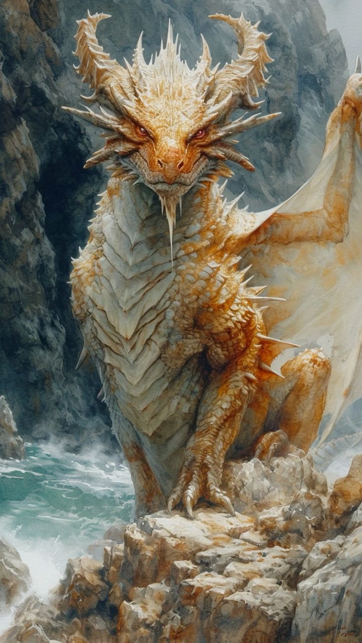 a large white dragon sitting on top of a rocky cliff