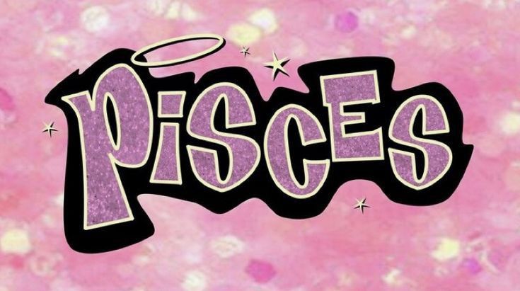 a pink background with the word pisces written in black and white on it