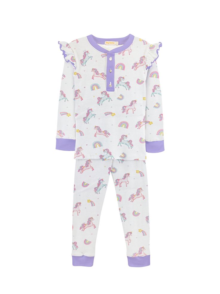 Magical Unicorn PJ Set with Ruffle Pajamas Baby Club Chic White 12-18M Baby Club, Great Place To Work, Unicorn Print, Magical Unicorn, Kids Coats, Pj Sets, Pima Cotton, Perfect Pair, Ruffles