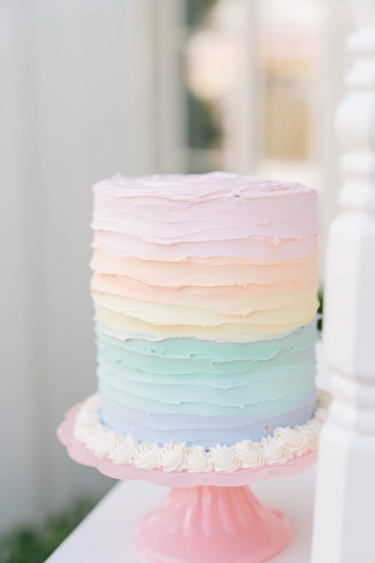 a multi colored cake sitting on top of a table