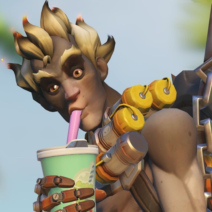 an animated character holding a cup with a straw in it's mouth and looking at the camera