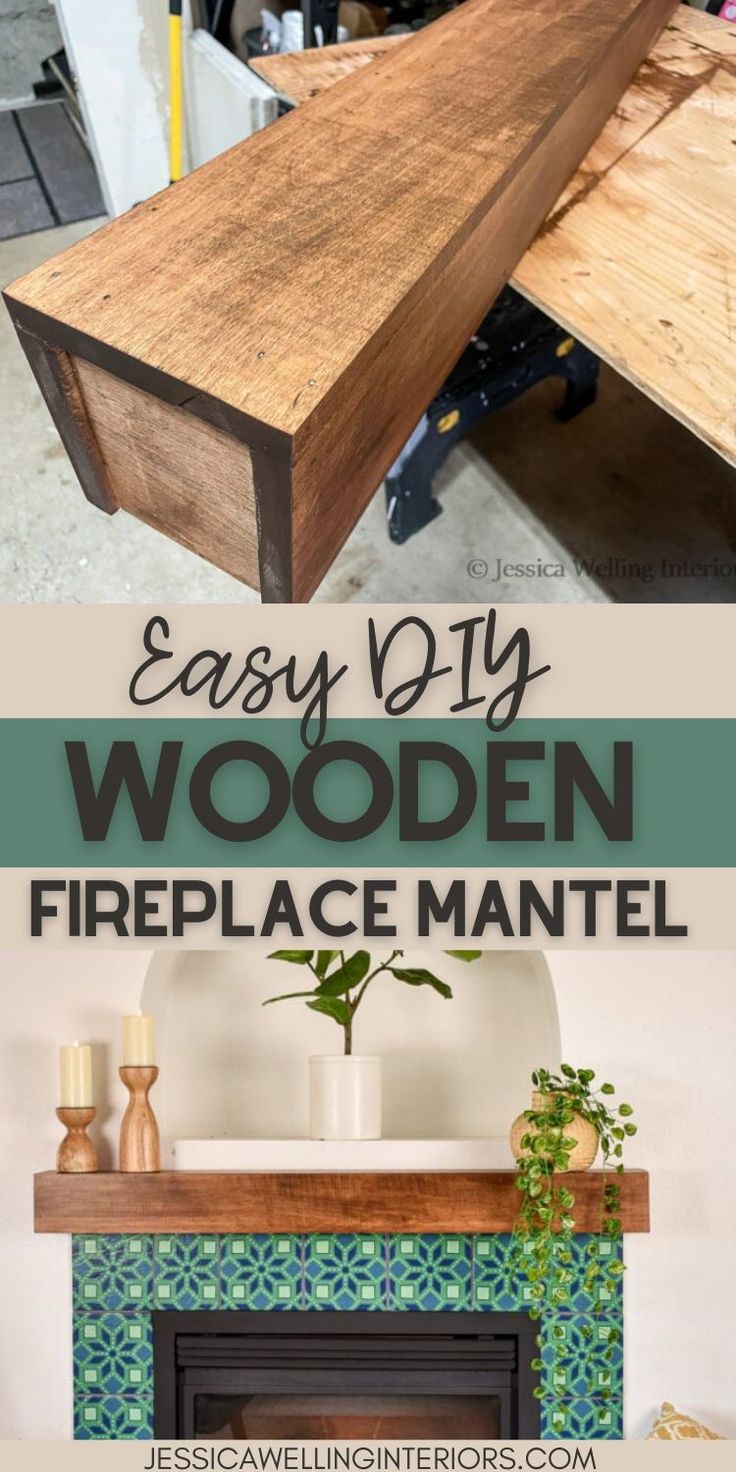 an easy diy wooden fireplace mantel with text overlay