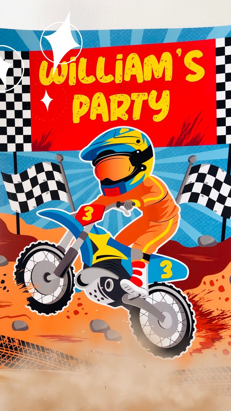 a kid on a dirt bike in front of a sign that says william's party