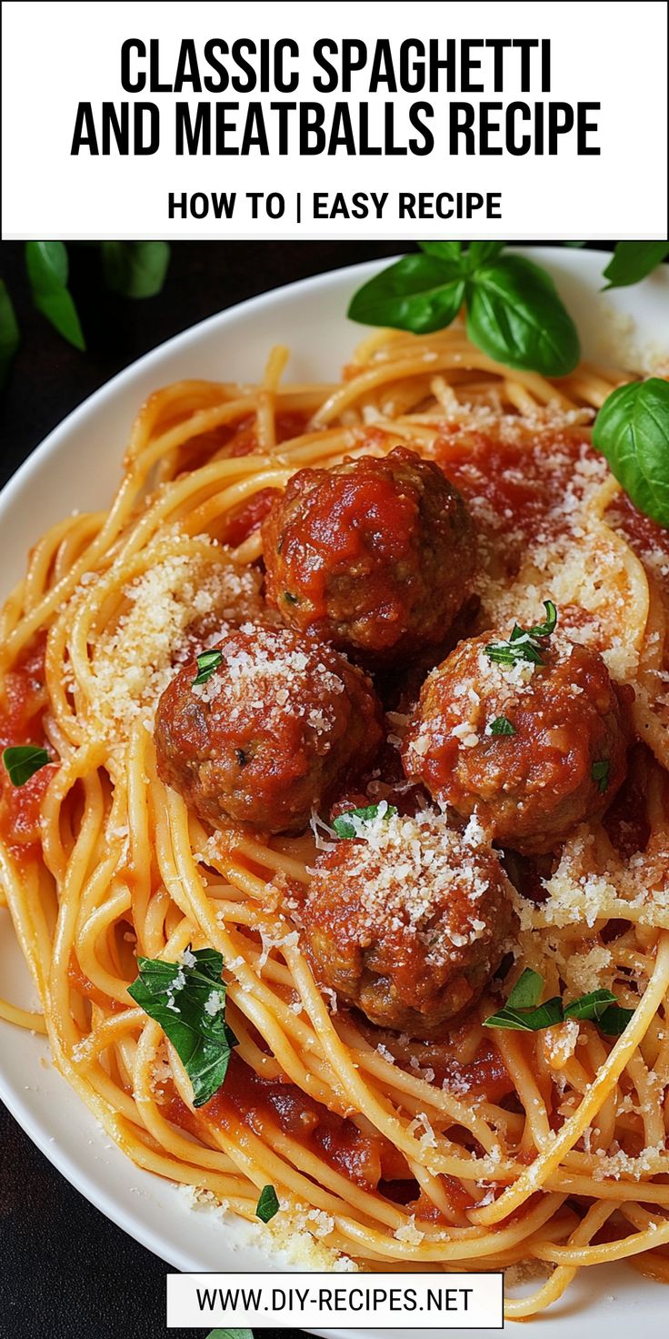 spaghetti and meatballs recipe on a white plate with basil sprinkled on top