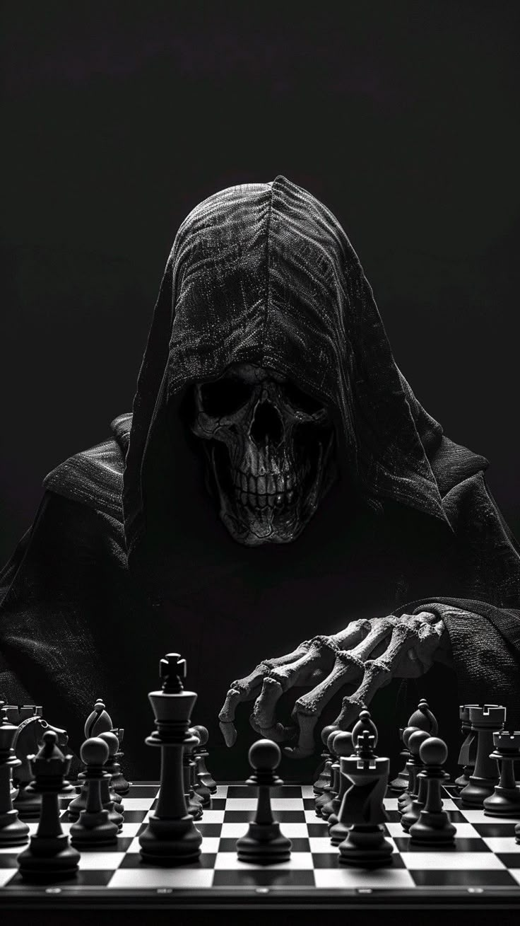 a skeleton wearing a hood playing chess