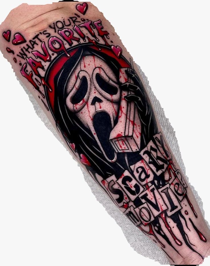 a person with a mask on their arm and some words in the middle of it