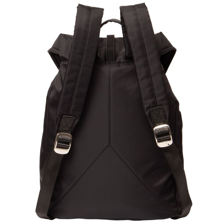 Features : 100% nylon Size: 15" wide, 14" tall x 6" deep Nylon backpack with two front pockets, strap and buckle details, drawcord closure, padded lap top pocket and interior slip pockets