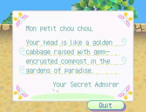 an animal crossing game with a sign that says,'mon petit chou chou your head is like a golden cabbage raised in the gardens of paradise