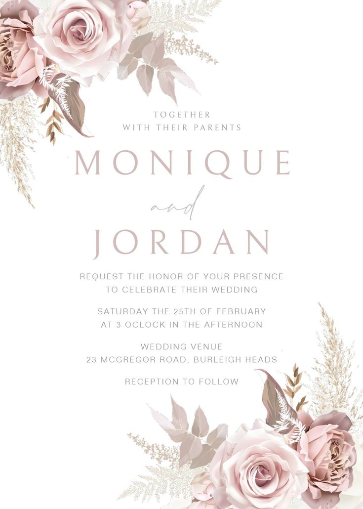 a wedding card with pink roses and greenery