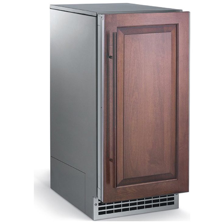 a wooden cabinet with metal trim around the door and side panels on the doors is shown