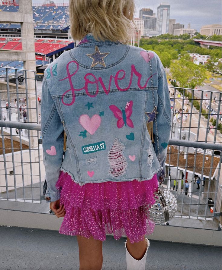 Concert inspo Taylor swift lover jacket Lover Era Jean Jacket, Lover Jacket Taylor Swift, Toddler Taylor Swift Outfit, Taylor Swift Lover Jean Jacket, Lover Jean Jacket Taylor Swift, Jean Jacket Taylor Swift, Lover Jean Jacket, Taylor Swift Jean Jacket Diy, Diy Taylor Swift Shirt