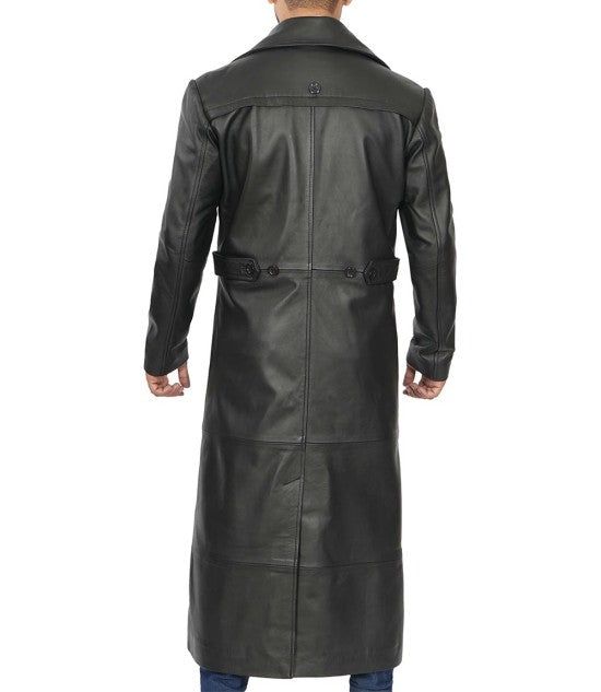 Introducing the Men's Classic Black Leather Duster Coat - the perfect addition to your wardrobe for a bold and classic look. Made from high-quality cowhide leather with a semi-aniline finish, this coat is both stylish and durable. With its open front style and open hem cuffs, this coat exudes confidence and sophistication. The quilted polyester lining provides warmth and comfort, making it perfect for colder weather. The coat also features two inside pockets and two outside pockets, giving you p Classic Black Outerwear With Leather Lining, Black Leather Jacket With Notch Lapel For Business, Classic Black Leather Jacket With Lapel Collar, Black Leather Jacket With Lapel Collar For Business, Classic Long Leather Jacket For Formal Occasions, Black Leather Jacket With Double Button Lapel Collar, Formal Winter Outerwear With Leather Lining, Winter Business Outerwear With Leather Lining, Formal Long Leather Jacket With Double Button