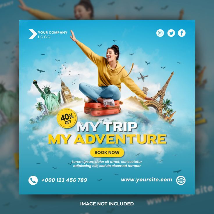 an advertisement for a travel company with the image of a woman sitting on top of a suitcase