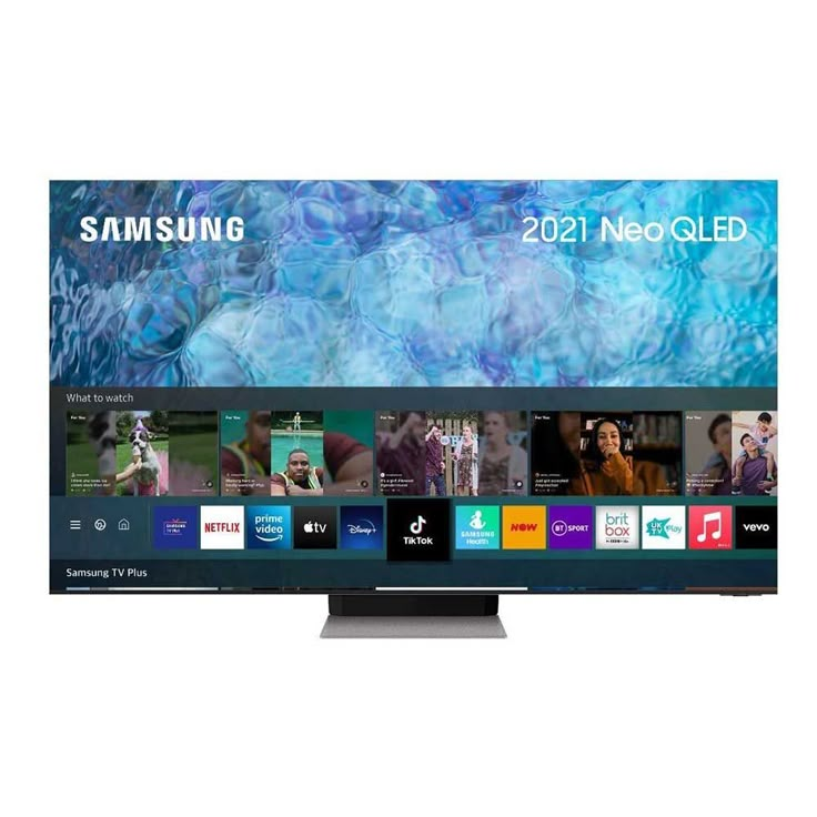 the samsung smart tv is shown in front of a white background with colorful images on it