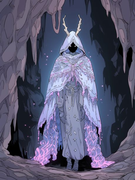 a person standing in front of a cave with horns on their head and wearing a cloak