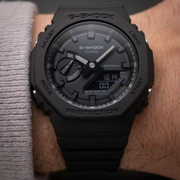 Ever since the first DW-5000C went on sale back in 1983, G-SHOCK has continued to push the limits of timekeeping toughness while creating new and original designs. These new models embody these efforts in an attractively thin configuration. These new models inherit the octagon form that was also employed for the original DW-5000C. Analog-digital timekeeping comes packed into a no-nonsense simple design without sacrificing G-SHOCK level toughness. High-strength resin material, which is reinforced Watches For Men Gshock, Casio Watches For Men, Casio G Shock Watches Men, Gshock Watch For Men, Best G Shock Watch, G Shock Watch, G Shock Watches Mens, Male Watches, Jam Alarm