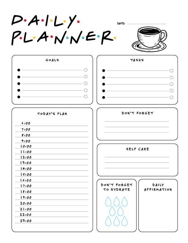 a daily planner with coffee cups on it and the words daily planner written in black ink