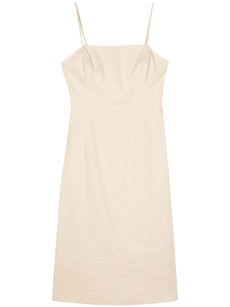 cream white linen blend square neck spaghetti straps sleeveless fitted waistline A-line mid-calf length full lining concealed rear zip fastening This item contains at least 50% materials which are certified or widely recognised as having a lower environmental impact through production and/or manufacturing processes that reduce water consumption and the use of harmful chemicals, or re-use by-products of the production process. Learn more about what makes a product Conscious on our Conscious Criteria page Outer Linen, Strappy Midi Dress, Water Consumption, Harmful Chemicals, Environmental Impact, White Linen, Cream White, Production Process, Mid Calf