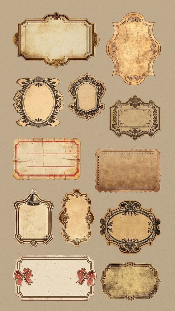 a bunch of old fashioned frames and labels on a beige background with red ribbon around the edges