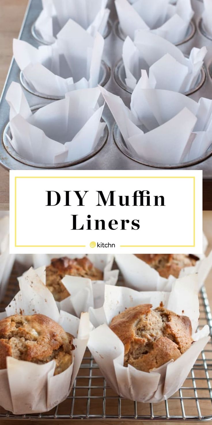 muffins in paper cups sitting on top of a cooling rack with the words diy muffin liners above them