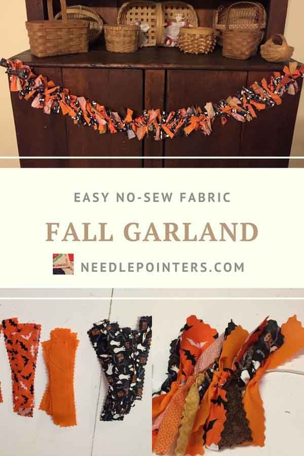 an old dresser is decorated with fabric garlands and pumpkins for fall decorating